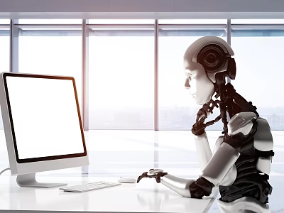 Smart Robot with Headphones Working at Computer Desk in Bright Modern Office Space 3d model
