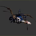 Fantasy Game Character With Blue Bat Wings Golden Horns Navy Uniform And Black Boots