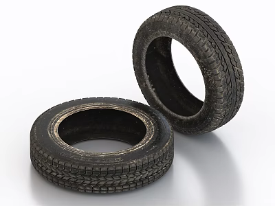 Two Worn Car Tires with Visible Tread Pattern on Smooth Surface 3d model