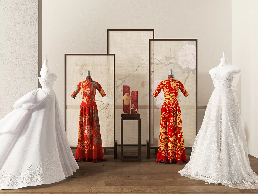 Elegant White Wedding Dresses And Red Cheongsam With Floral Patterns On Display Mannequins 3d model 