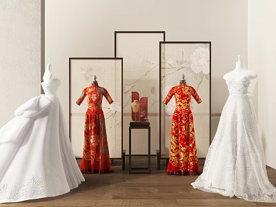 Elegant White Wedding Dresses And Red Cheongsam With Floral Patterns On Display Mannequins 3d model