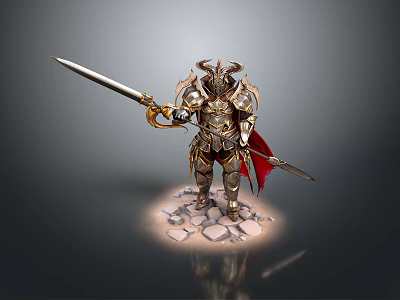 Detailed Fantasy Armored Warrior Holding Long Sword With Red Cape Standing on Stones 3d model