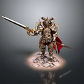 Detailed Fantasy Armored Warrior Holding Long Sword With Red Cape Standing on Stones