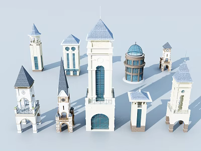 Various Architectural Towers With White Structure Blue Roofs And Decorative Windows 3d model