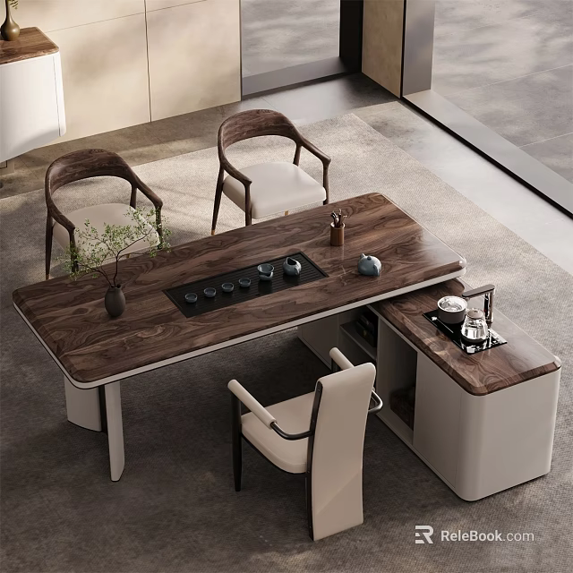 Modern Tea Room Interior Design With Wooden Tea Table And Comfortable Chairs Plus Tea Set 3d model 