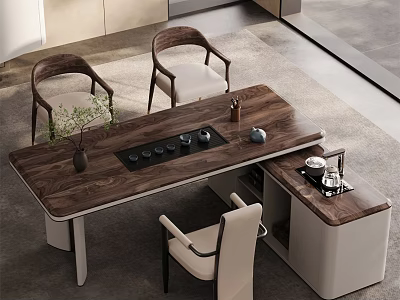 Modern Tea Room Interior Design With Wooden Tea Table And Comfortable Chairs Plus Tea Set 3d model