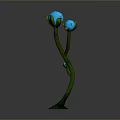Green Plant With Curved Stems Two Blue Glowing Buds And Green Base On Gray Background