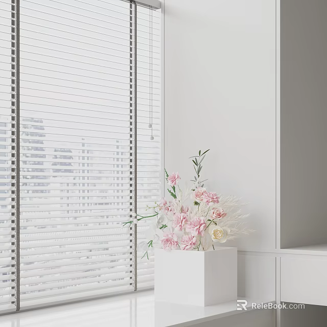 White Vase With Pink And White Flowers By Window With White Blinds Interior 3d model 
