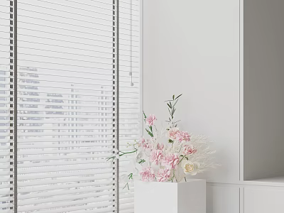 White Vase With Pink And White Flowers By Window With White Blinds Interior 3d model