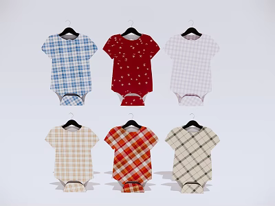 Colorful Baby Bodysuits with Checkered and Polka Dot Patterns Hanging on Hangers 3d model