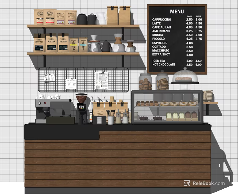 Coffee Shop Reception Counter With Coffee Machine Bread Display Case And Menu Board 3d model