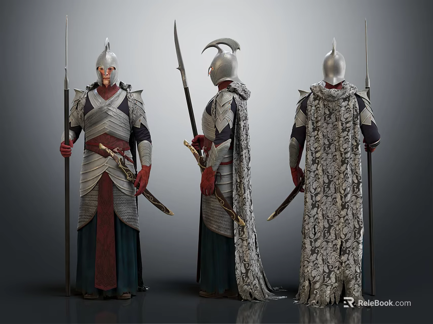Three Armored Fantasy Characters In Ornate Armor With Spears Swords And Cloaks From Different Angles 3d model 