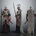 Three Armored Fantasy Characters In Ornate Armor With Spears Swords And Cloaks From Different Angles