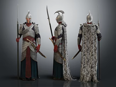 Three Armored Fantasy Characters In Ornate Armor With Spears Swords And Cloaks From Different Angles 3d model