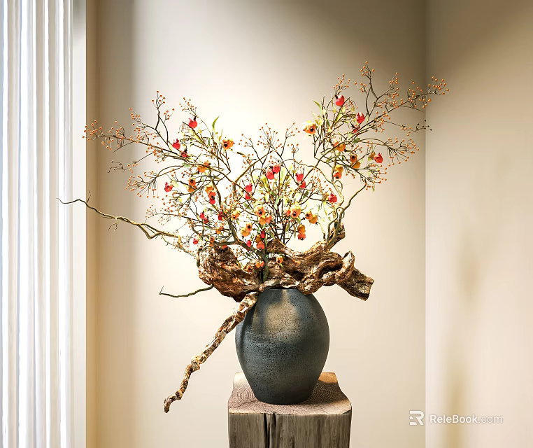 Decorative Gray Vase With Red And Yellow Flowers Branches On Wooden Stand In Light Room 3d model 