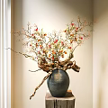 Decorative Gray Vase With Red And Yellow Flowers Branches On Wooden Stand In Light Room