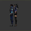 Two Game Movie Characters In Blue Futuristic Tech Inspired Outfits With Armor And Goggles