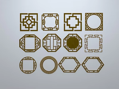Traditional Chinese Sculpture Carvings with Various Shapes Square Circular Hexagonal and Geometric Patterns 3d model