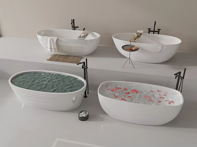 Elegant Bathtubs Showcase with Towels Bath Products Water Ripples and Flower Petals 3d model