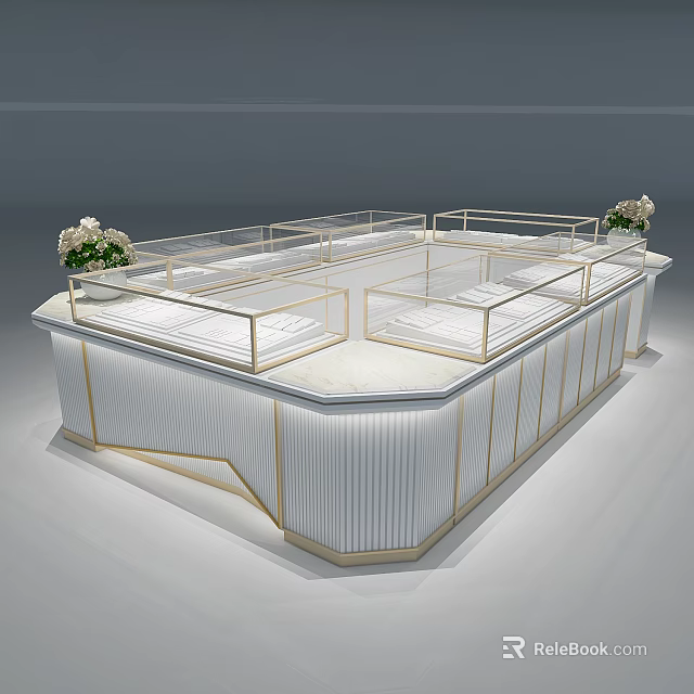 Luxury Retail Store Modern Display Counter With White Top Gold Frame And Glass Shelves 3d model 