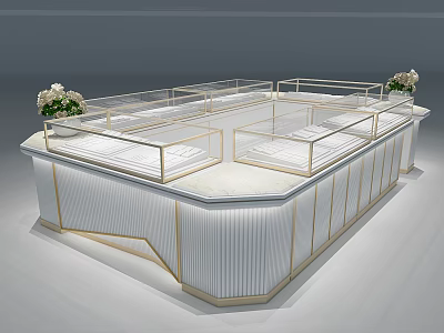 Luxury Retail Store Modern Display Counter With White Top Gold Frame And Glass Shelves 3d model