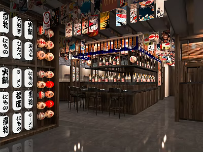 Traditional Japanese Ramen Restaurant Interior With Wooden Bar Counter Wall Posters And Liquor Shelves 3d model