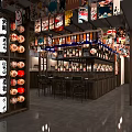 Traditional Japanese Ramen Restaurant Interior With Wooden Bar Counter Wall Posters And Liquor Shelves