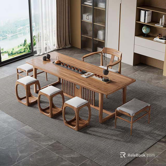 Modern Chinese Style Solid Wood Tea Table and Chairs with Natural View 3d model