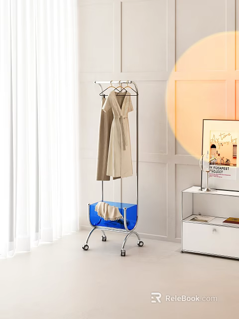 Metal Garment Rack with Wheels for Hanging Clothes and Blue Storage Basket in Modern Bedroom 3d model 