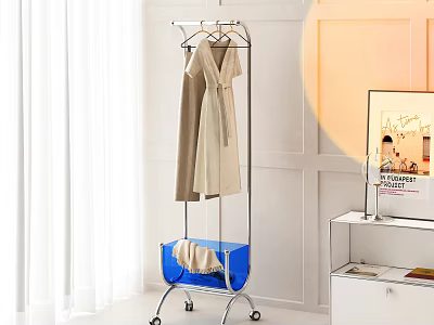 Metal Garment Rack with Wheels for Hanging Clothes and Blue Storage Basket in Modern Bedroom 3d model