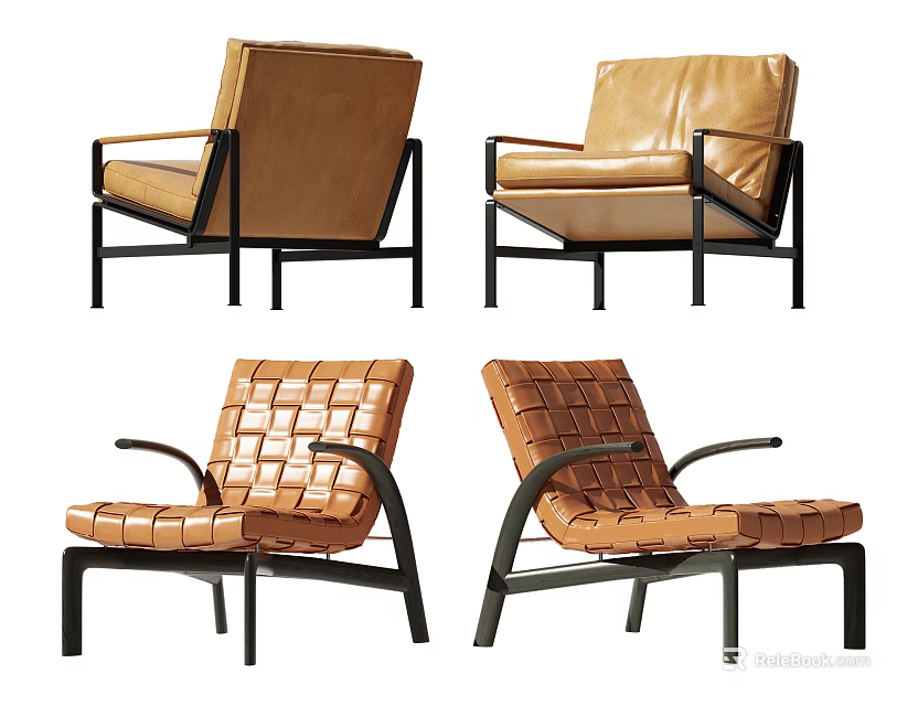 Brown Leather And Woven Leisure Chair With Black Metal Frame Multiple Views 3d model 