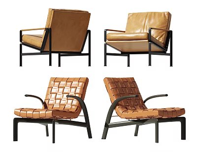 Brown Leather And Woven Leisure Chair With Black Metal Frame Multiple Views 3d model