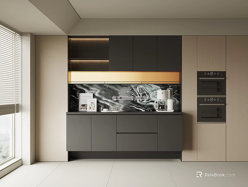 Modern Wine Cabinet Design In Kitchen Interior With Black Wood Marble Countertop And Gold Accent 3d model 