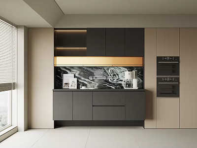 Modern Wine Cabinet Design In Kitchen Interior With Black Wood Marble Countertop And Gold Accent 3d model