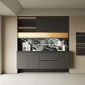 Modern Wine Cabinet Design In Kitchen Interior With Black Wood Marble Countertop And Gold Accent