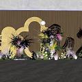 Elegant Floral Installation With Gold Cloud Shaped Decor And Colorful Flowers On Wooden Backdrop