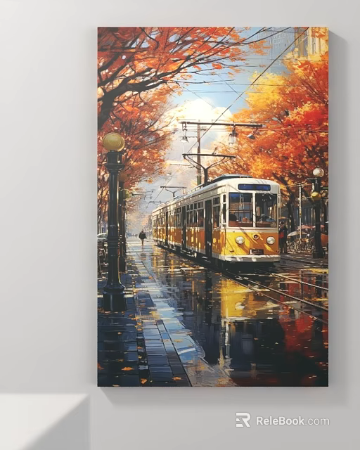 Autumn Street With Tram Red Leaves Street Lamps Pedestrian And Reflections 3d model 