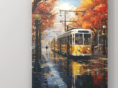 Autumn Street With Tram Red Leaves Street Lamps Pedestrian And Reflections 3d model