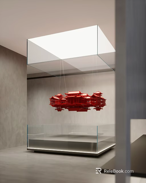 Red Architectural Model Hanging In Glass Display Case With Gray Wall And White Ceiling 3d model