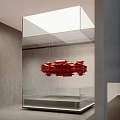Red Architectural Model Hanging In Glass Display Case With Gray Wall And White Ceiling 3d model