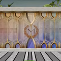 Decorative Feature Wall With Colorful Stripes Laurel Emblem Top Green Plants And Front Lawn