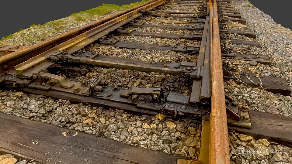 Rusty Railway Tracks With Wooden Sleepers Gravel And Green Grass 3d model 