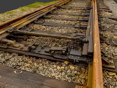 Rusty Railway Tracks With Wooden Sleepers Gravel And Green Grass 3d model