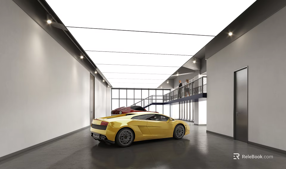 4S Auto Dealership Spacious Indoor Showroom Featuring Yellow Sports Car Red Vehicle 3d model 