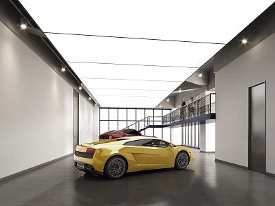 4S Auto Dealership Spacious Indoor Showroom Featuring Yellow Sports Car Red Vehicle 3d model