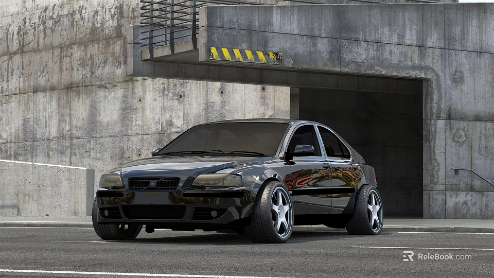 Black Sporty Sedan With Modified Wheels Parked Near Concrete Tunnel Entrance 3d model 