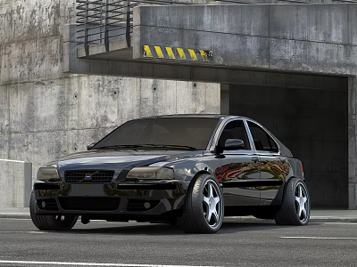 Black Sporty Sedan With Modified Wheels Parked Near Concrete Tunnel Entrance 3d model