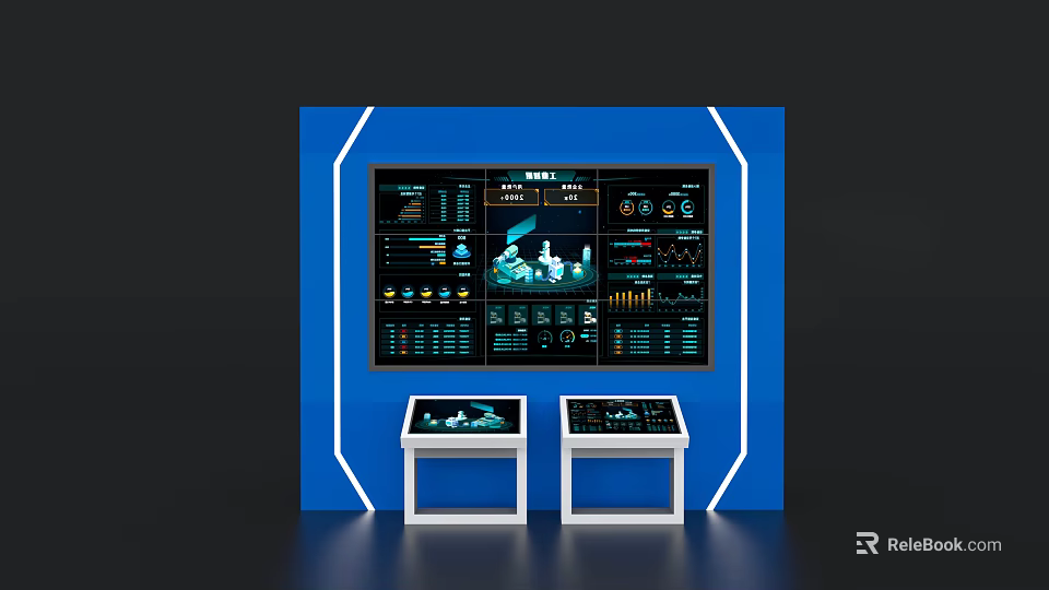 Blue Exhibition Island Featuring Digital Displays Data Charts And White Stands 3d model 