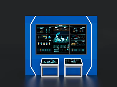 Blue Exhibition Island Featuring Digital Displays Data Charts And White Stands 3d model