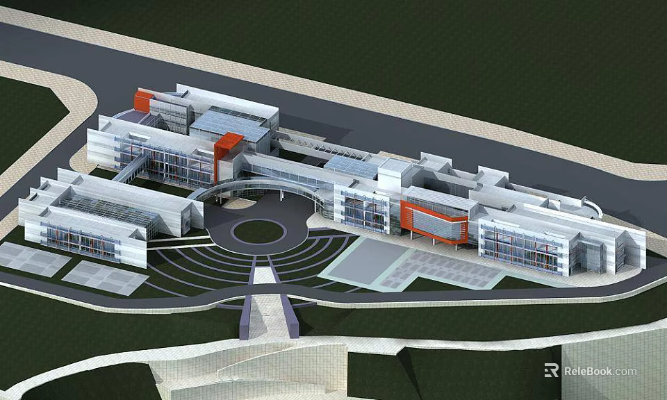 Modern Office Building Architectural Design With Glass Facade Central Circular Courtyard And Connected Structures 3d model